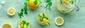 Lemonade with mint panoramic banner. Lemon water drink with ice Royalty Free Stock Photo