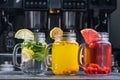 Lemonade or Mojito cocktail with lemon and mint, raspberry, sea buckthorn, grapefruit, cold refreshing drink or drink Royalty Free Stock Photo