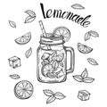 Lemonade mug with ice and a slice of lemon and a straw and mint leaves, lemonade sketch in a glass, hand drawing of a lemonade Cup Royalty Free Stock Photo