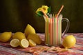 lemonade pitcher with colorful paper straws and napkins