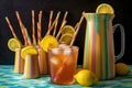 lemonade pitcher with colorful paper straws and napkins