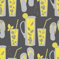 Lemonade pitcher, glass, flip flop vector seamless pattern background. Yellow, grey, brown backdrop with jugs, drinks