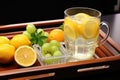 lemonade pitcher and glass in a tray with citric fruits strewn around Royalty Free Stock Photo