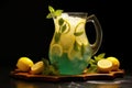 lemonade pitcher with ice, mint and lemon slices