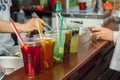 Lemonade in plastic cups in fast food cafe Royalty Free Stock Photo