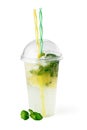 Lemonade in plastic glass, cooling fruit drink