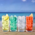 Lemonade soda drinks on the beach and sea