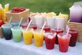 lemonade stand with a variety of flavors, and different types of cups and straws