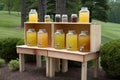 lemonade stand with a variety of flavors and sizes, from small glass bottles to large refillable pitchers