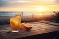 Lemonade summer fruit juice into a tropical beach resort. Generative AI Royalty Free Stock Photo