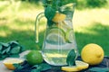 Lemonade on the table in nature, near lemon and lime, pieces of which were used in the preparation of the drink Royalty Free Stock Photo