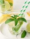 Lemonade in a transparent glass with lemon, lime, rosemary sprigs and mint leaves on a white background Royalty Free Stock Photo