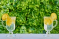 Lemonade water in the glasses on the blurred nature background with copy space on the centre. Summer cold cocktails with lemons Royalty Free Stock Photo