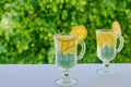 Lemonade water in the glasses on the blurred nature background with copy space. Summer cold cocktails with fresh sliced lemons Royalty Free Stock Photo