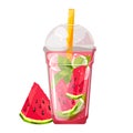 Lemonade with watermelon.Summer cold juice, cocktail with watermelon, mint and ice in a plastic cup. Royalty Free Stock Photo