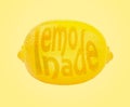 Lemonade word on a piece of lemon on yellow background