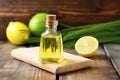 lemongrass essential oil bottle on a wooden table