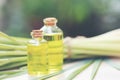 Lemongrass essential oil in glass bottles on natural green background