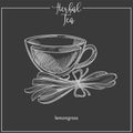 Lemongrass tea cup chalk sketch vector icon for herbal tea, cafeteria or packaging design template