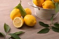 Lemons basket on wooden kitchen bench elevated Royalty Free Stock Photo