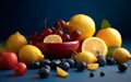 Lemons, blueberries, and other various fresh and healthy fruits, nicely arranged, AI-generated. Royalty Free Stock Photo