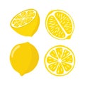 Lemons are bright in a flat style. A set of lemons in different sections, half, whole, highlighted on a white background