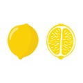 Lemons are bright in a flat style. A set of lemons in different sections, half, whole, highlighted on a white background