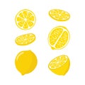 Lemons are bright in a flat style. A set of lemons in different sections, half, whole, highlighted on a white background