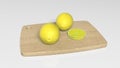 Lemons on cutting board, tropical fruit on white background