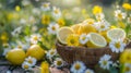 Lemons and Daisies in Rustic Wooden Bowl