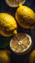 Lemons on Dark Background with Water Drops.