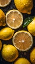 Lemons on Dark Background with Water Drops.