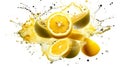 Lemons explosion, fresh sliced flying in the air, juice water splashing isolated on white background, vitamin c, healthy food,