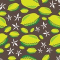 Lemons and Flowers-Fruit Delight seamless Repeat Pattern illustration.Background in yellow green brown and white. Royalty Free Stock Photo