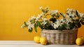 lemons and flowers harmoniously arranged in a rustic basket against a serene minimal background.