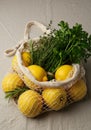Lemons and Fresh Herbs in a Mesh Bag on Linen Royalty Free Stock Photo