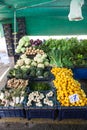 Lemons, garlic, cabbage and other green vegetables are in plastic boxes on sale. Fruit and vegetable marketplace is in Alanya, Royalty Free Stock Photo