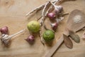 Lemons, garlics, sesame, beans on wood cropping block. Royalty Free Stock Photo