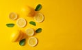 Top view lemons and green leaves on bright yellow background.