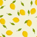 Lemons and green leaves on a pastel yellow background. Seamless pattern. Royalty Free Stock Photo