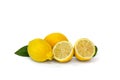 Lemons and halfs with leaves on a white background with space for text