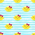 Lemons Kawaii Pattern. Vector seamless Texture Of Happy Yellow Lemons on a Striped Background.