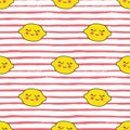 Lemons Kawaii Pattern. Vector seamless Texture Of Happy Yellow Lemons on a Striped Background.