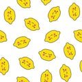 Lemons Kawaii Pattern. Vector seamless Texture Of Happy Yellow Lemons on a Striped Background.