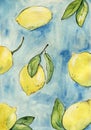 Lemons with leaves on blue background. Watercolor illustration