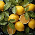 Lemons with leavesand water drops