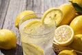 Lemons and lemon sours in a basket set against a wooden background