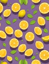 Lemons on purple background. Seamless pattern vector style illustration. AI generated