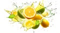Lemons and limes explosion, fresh sliced flying in the air, water splashing isolated on white background, vitamin c, healthy food