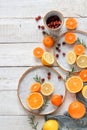 Lemons, mandarins and oranges on a white wooden table. Flat lay view Royalty Free Stock Photo